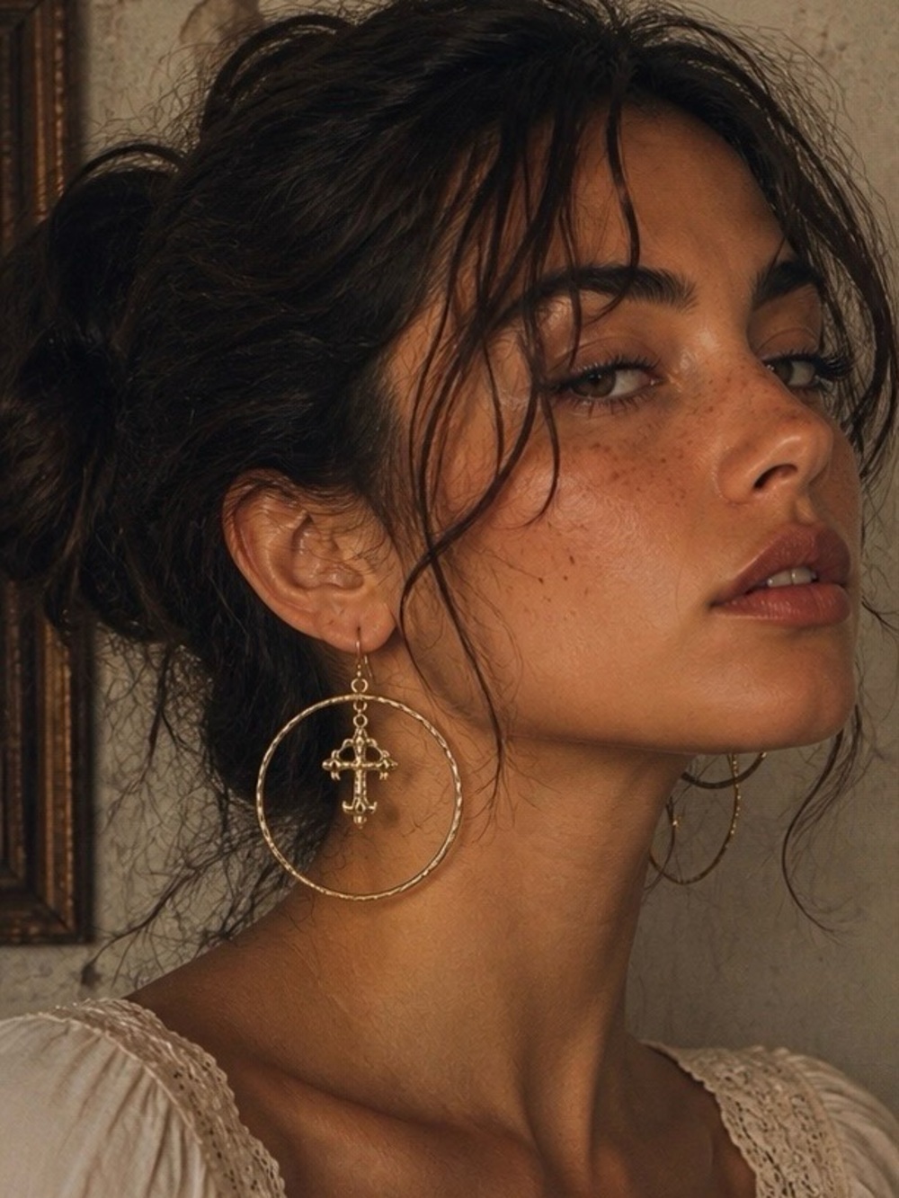 Gold Tone Hammered Hoop Earrings with Cross Charm